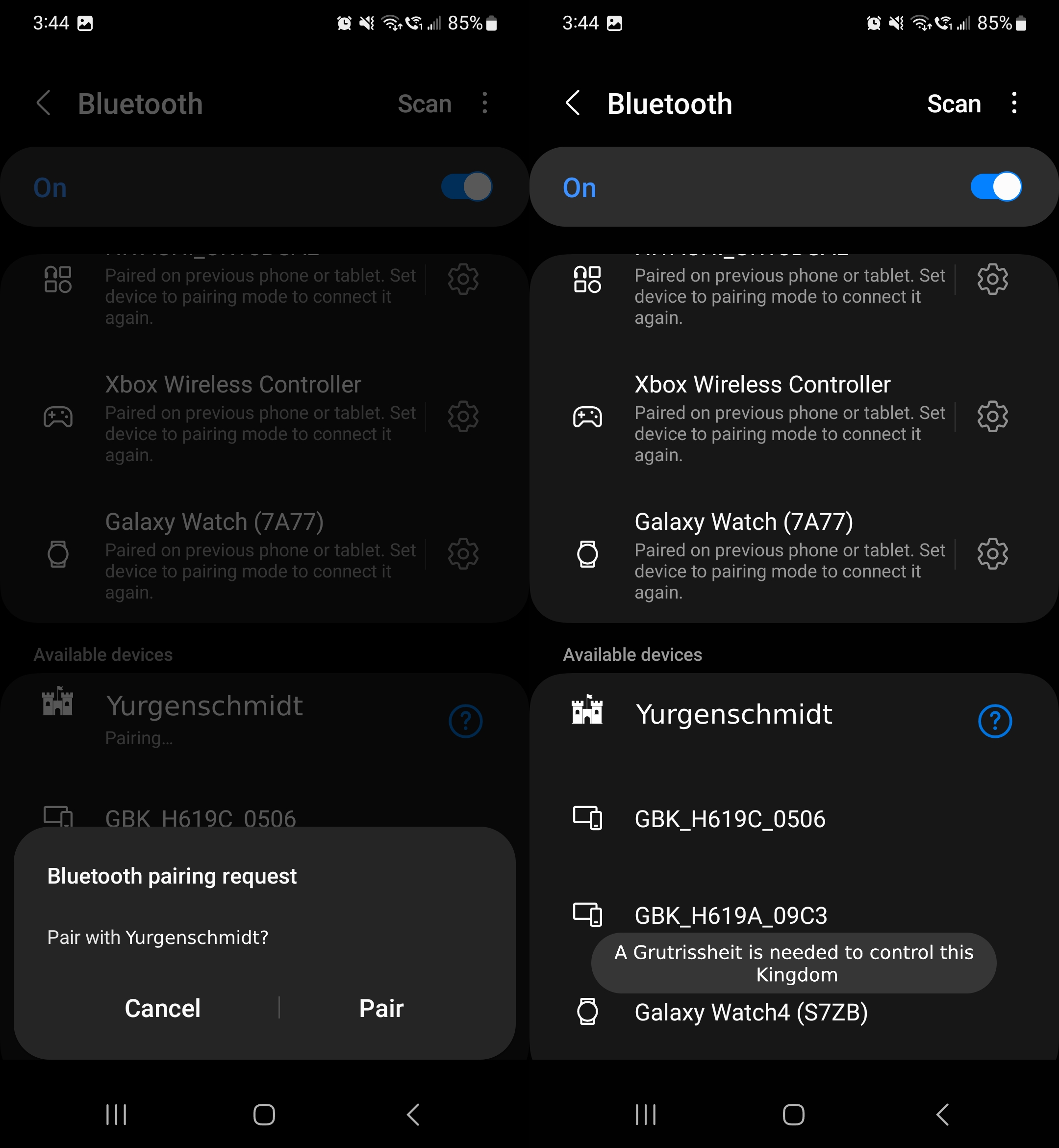 A smartphone screenshot withe a message "Bluetooth pairing request" "Pair with Yurgenschmidt? "Cancel" "Pair" Then response message "A Grutrissheit is needed to control this Kingdom."