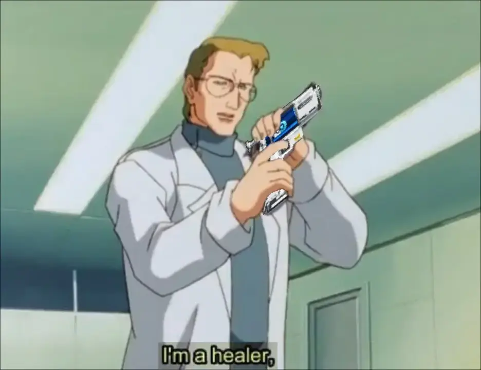 The "I'm a healer, but..." meme, but with "bug" edited out and the Helldives 2 stim gun instead of the doctor's handgun