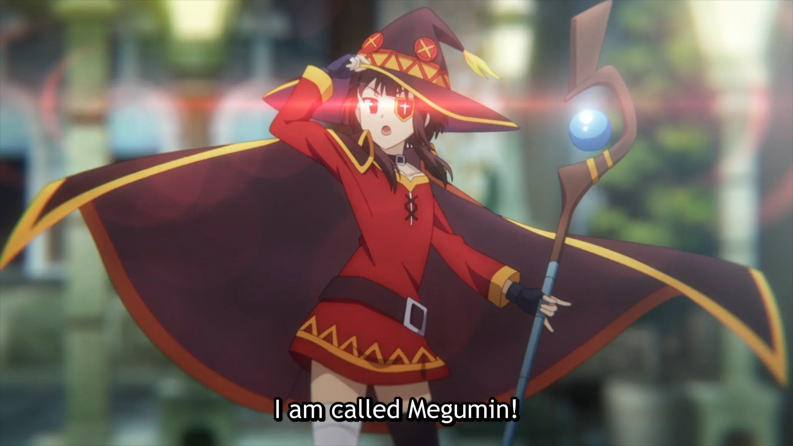 Image of Megumin throwing her cape and calling her name in most edgelordy way
