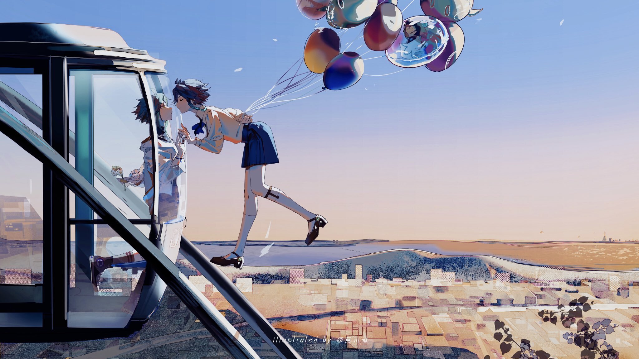 A drawing of Venti from Genshin Impact flying in the air outside a Ferris wheel, pressing up against the glass and sharing a lovely moment with Xiao who is inside that Ferris wheel pod, the flying Venti is holding onto balloons, though it doesn't seem to help Venti float; one of the balloons has a little spirit and a toy version of Xiao inside