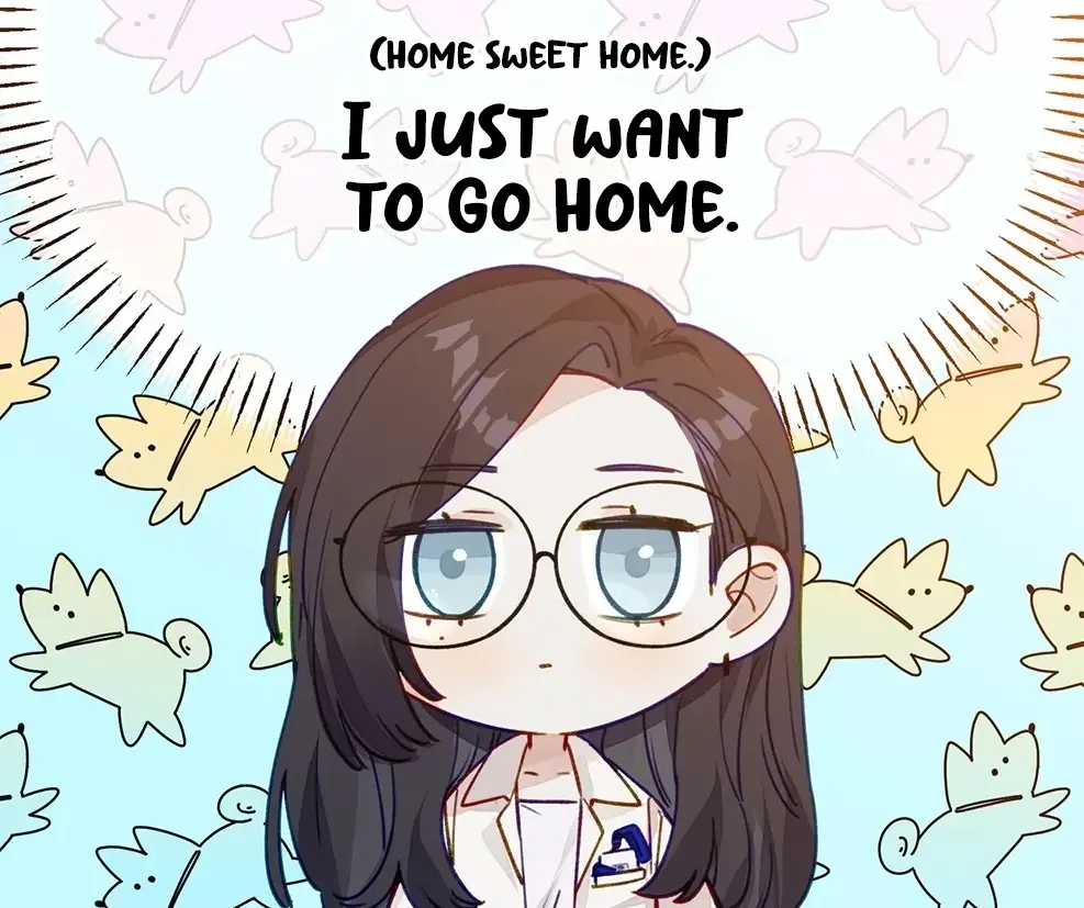 Crop of a manga page with a close-up of a woman with long hair and big glasses. Her thought bubble reads: "(Home sweet home) I just want to go home".