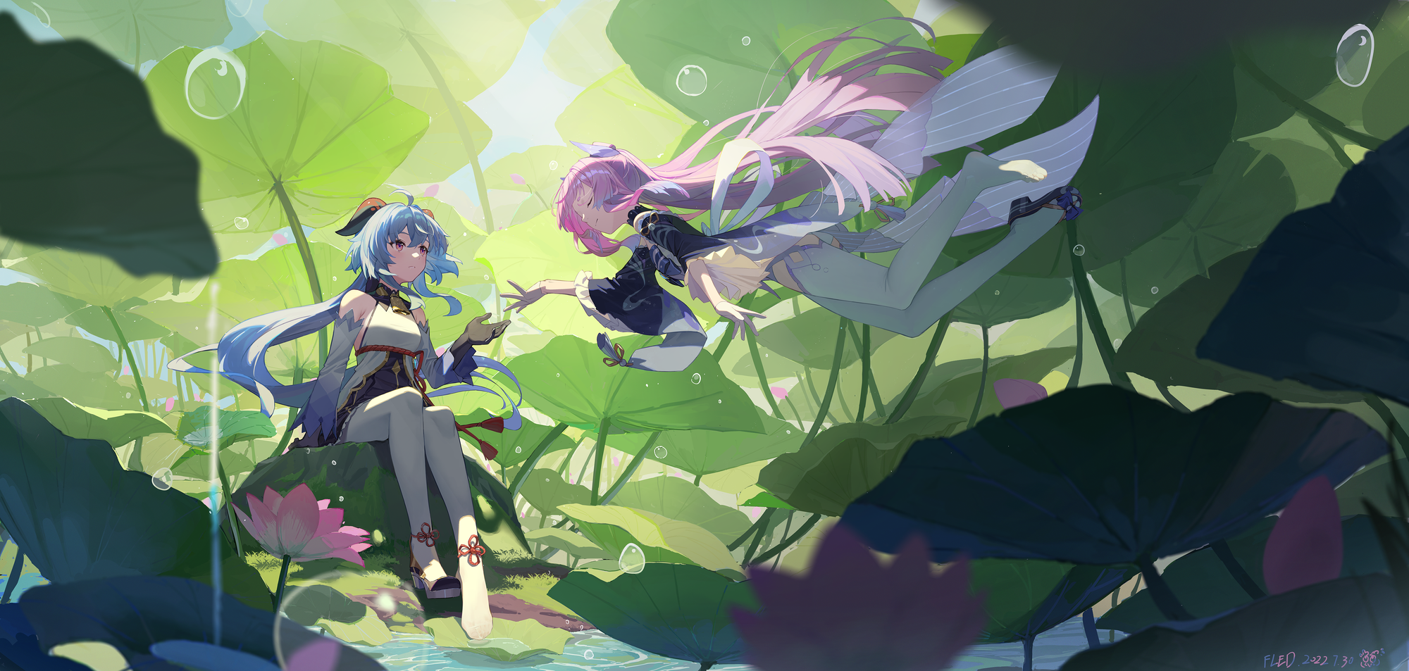 a painterly drawing of a wetlands scene from Genshin Impact; the half-illuminated beast Ganyu is perched on one of the large plants; the divine priestess Sangonomiya Kokomi appears to be swimming in the air next to her with one shoe on, offering her something