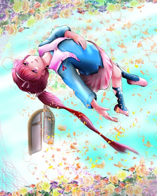 a fantasy illustration of a girl wearing a pink and blue clothes swimming in the open air, leaning back with her long pink ponytail floating along underneath her; she's above a flower field and below an upside-down flower field with flower petals flowing all around; they lead to a floating metal doorway with nothing attached, this is the entrance to the Nacho Alliance from Eve Online; maybe we're actually in space?
